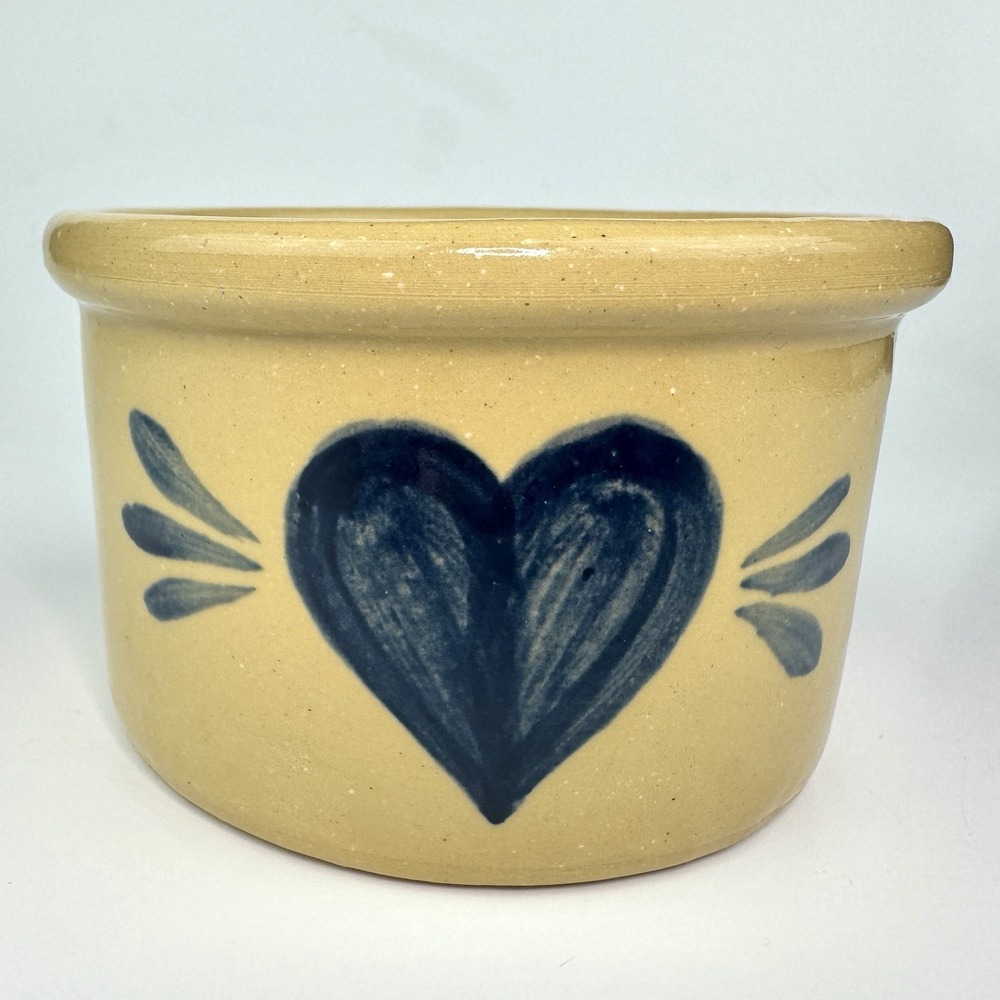 Vintage 1995 Conner Prairie Salt Glaze Pottery Small Crock Blue Heart 90s